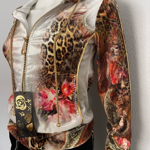 WOMEN VELOUR TRACKSUIT 2PC SET JACKET/BLACK PANTS LOUNGEWEAR HOODED ANIMAL PRINT - Picture 12 of 14